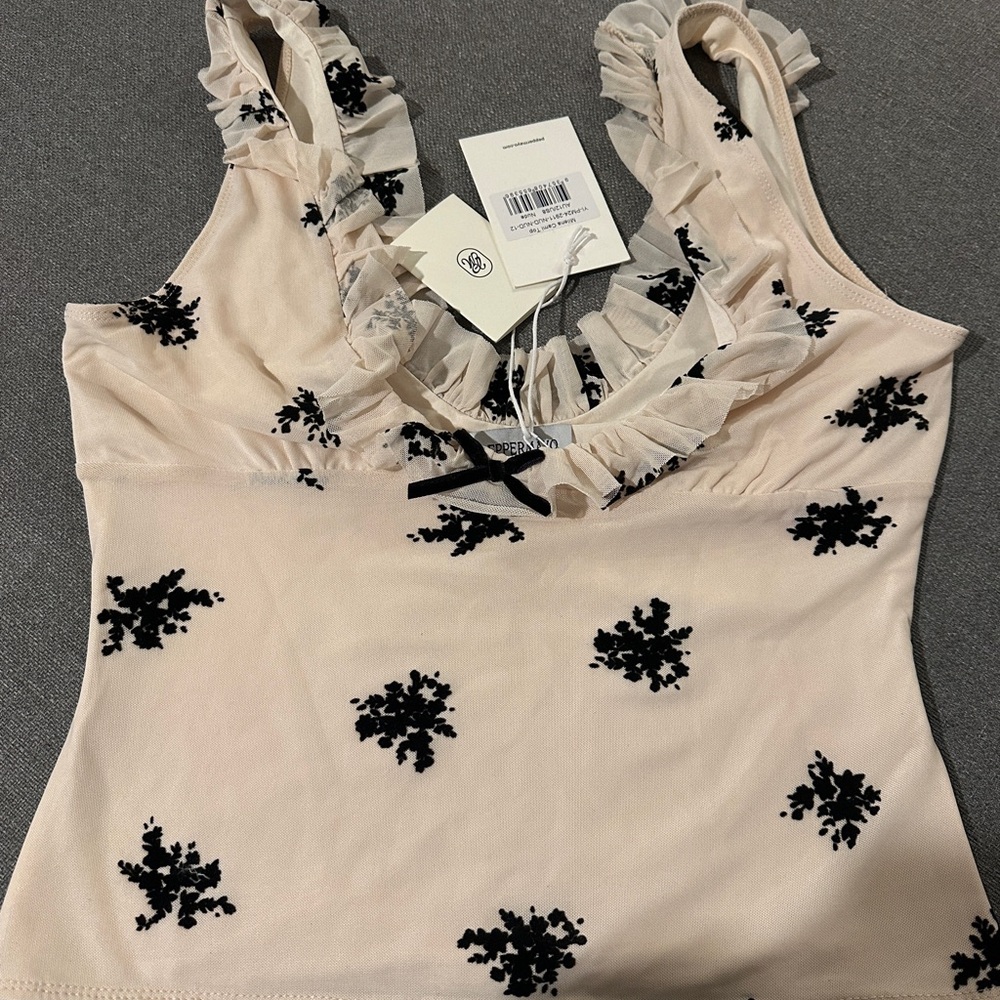 Peppermayo Cream and Black Ruffled Tank Top